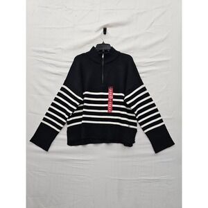 DKNY Womens Quarter Zip‎ Pullover Sweater Black Rayon Blend Striped Size XL